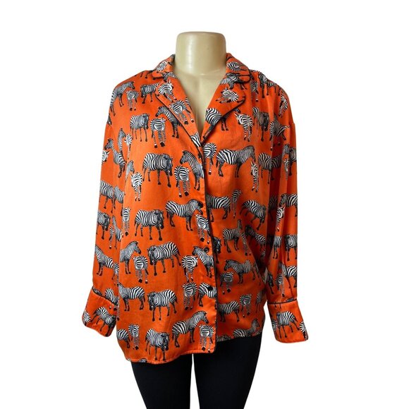 Urban Revivo Zebra Print Orange Button-Up Long Sleeve Blouse Sz 8 - Picture 1 of 6